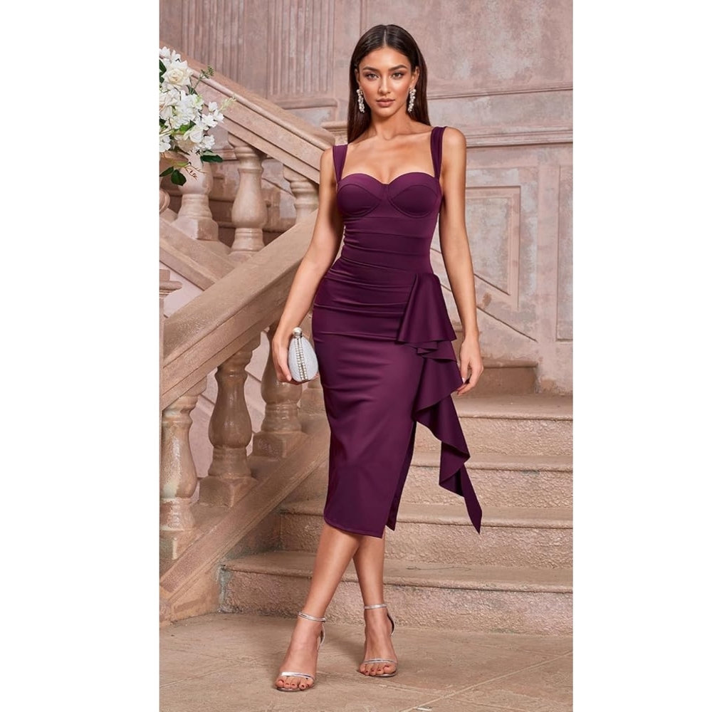 Elegant Burgundy Women's Dress, Ruched Sleeveless Evening Wedding Guest